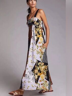ANTHROPOLOGIE MAEVE WOMENS FLORAL PATCHWORK MAXI DRESS PURPLE XS